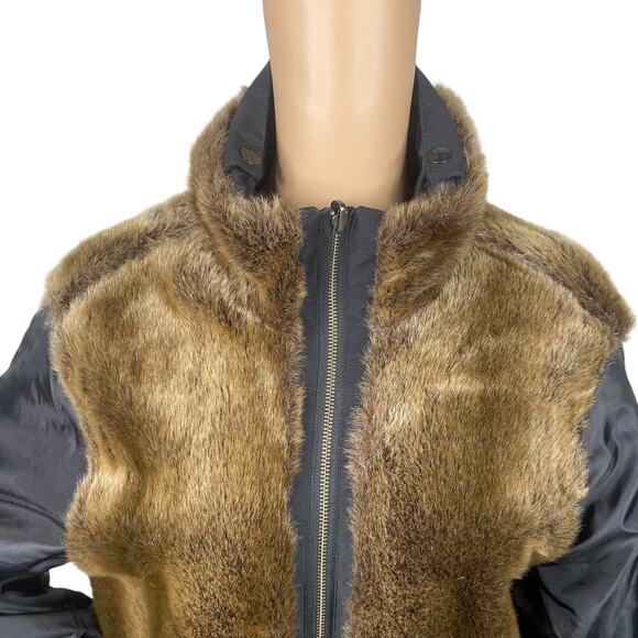 S13 NYC Black Brown Faux Fur Funnel Mock Neck Puff Jacket SZ M - Picture 2 of 6